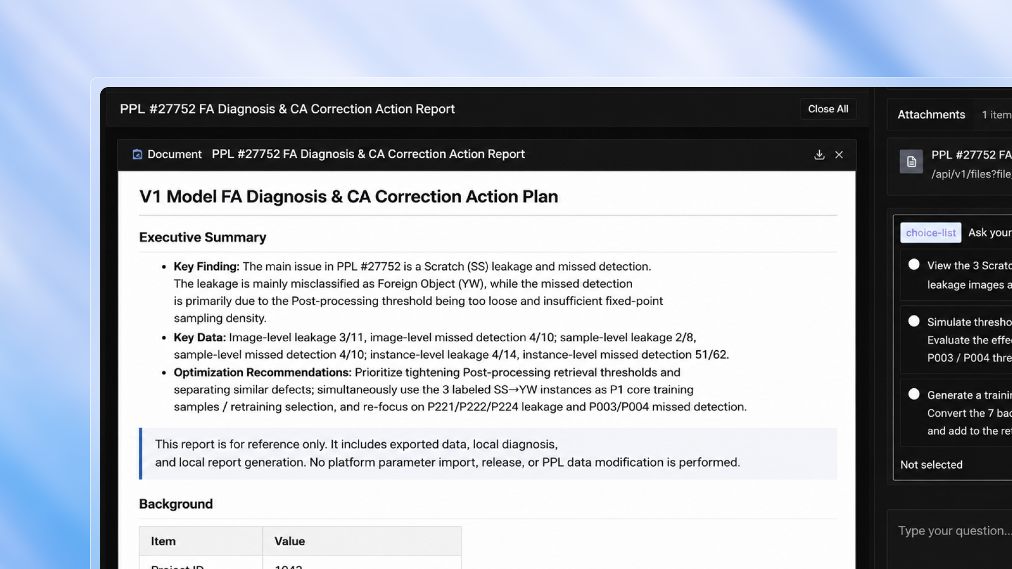 Diagnosis, Optimization & Operations